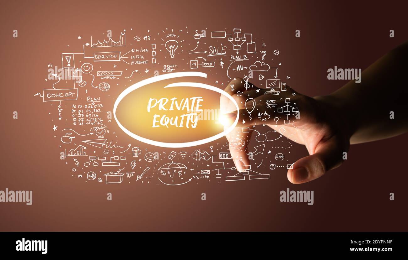 Hand berühren PRIVATE EQUITY Inschrift, handgezeichnete Symbole um, business plan Konzept Stockfoto