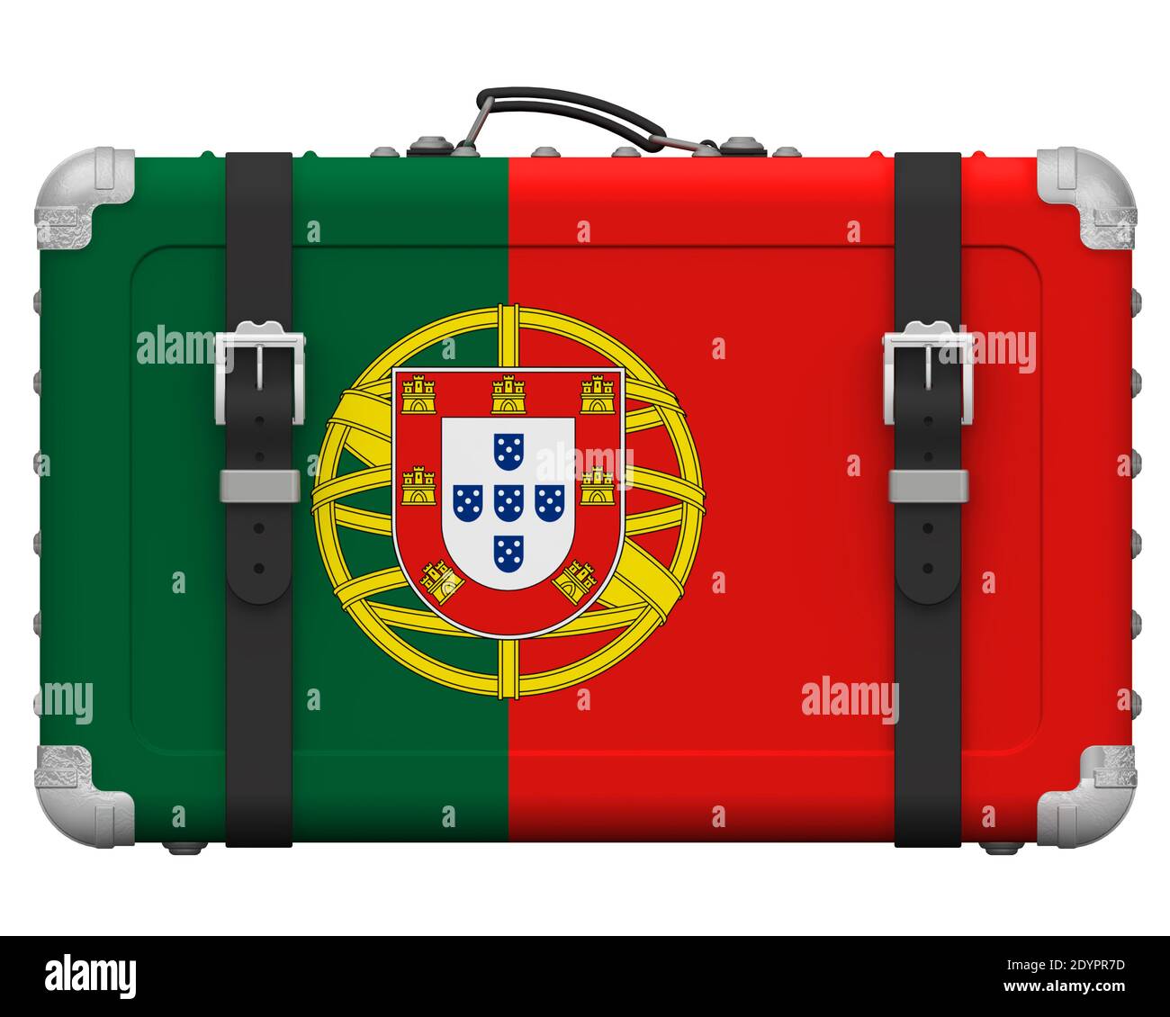 Stilvoller Koffer mit der Nationalflagge Portugals. Retro Koffer mit der Nationalflagge der Portugiesischen Republik steht auf einer weißen Fläche Stockfoto