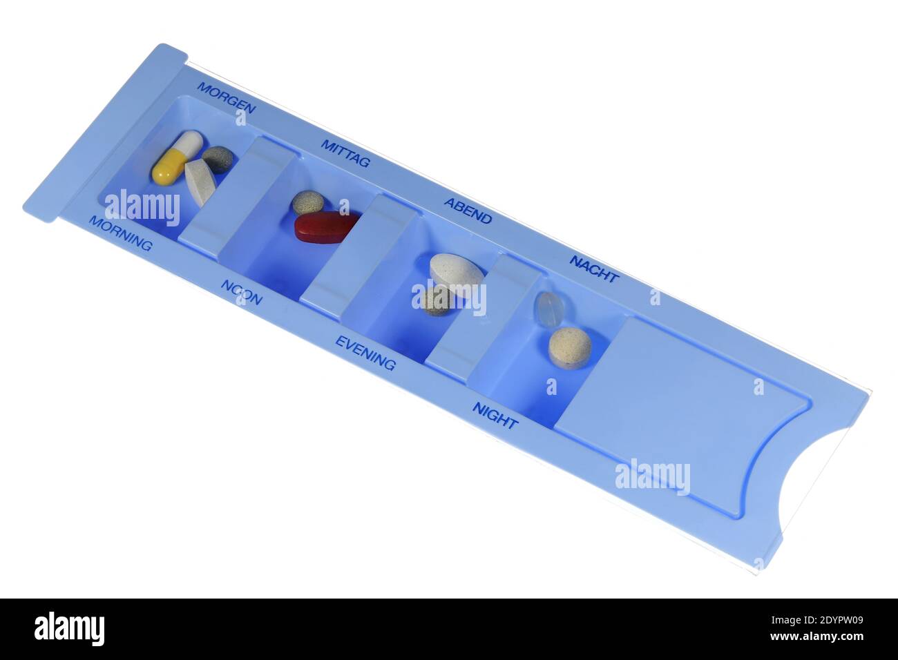 Pille Organizer auf weißem Hintergrund isoliert Stockfoto