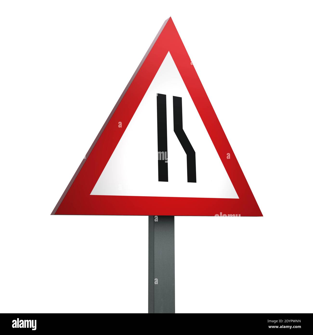 3D Render Road Sign von Dual Fahrbahn endet isoliert auf Ein weißer Hintergrund Stockfoto