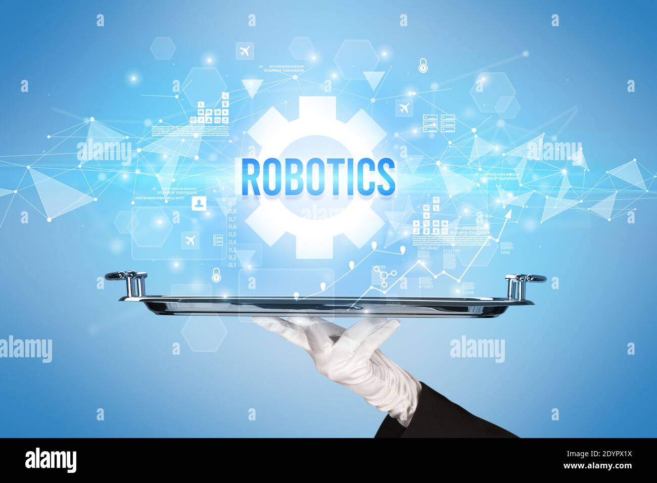 Kellner bedient neues Technologiekonzept mit ROBOTIKBESCHRIFTUNG Stockfoto