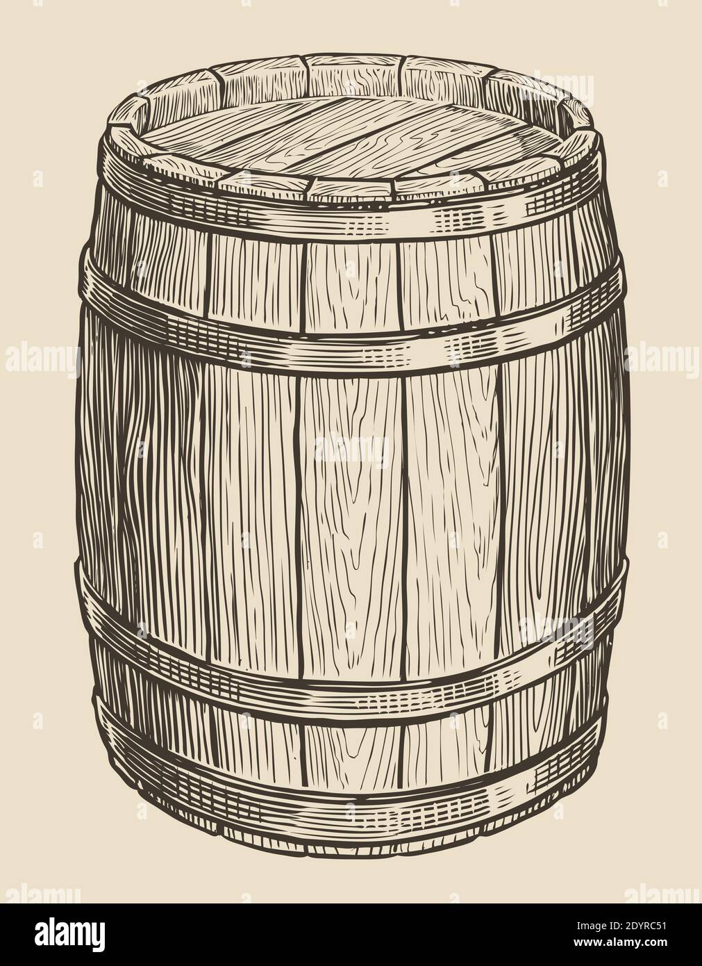 Ein Holzfass für Wein und anderen Alkohol. Skizze Vintage Vektor Illustration Stock Vektor