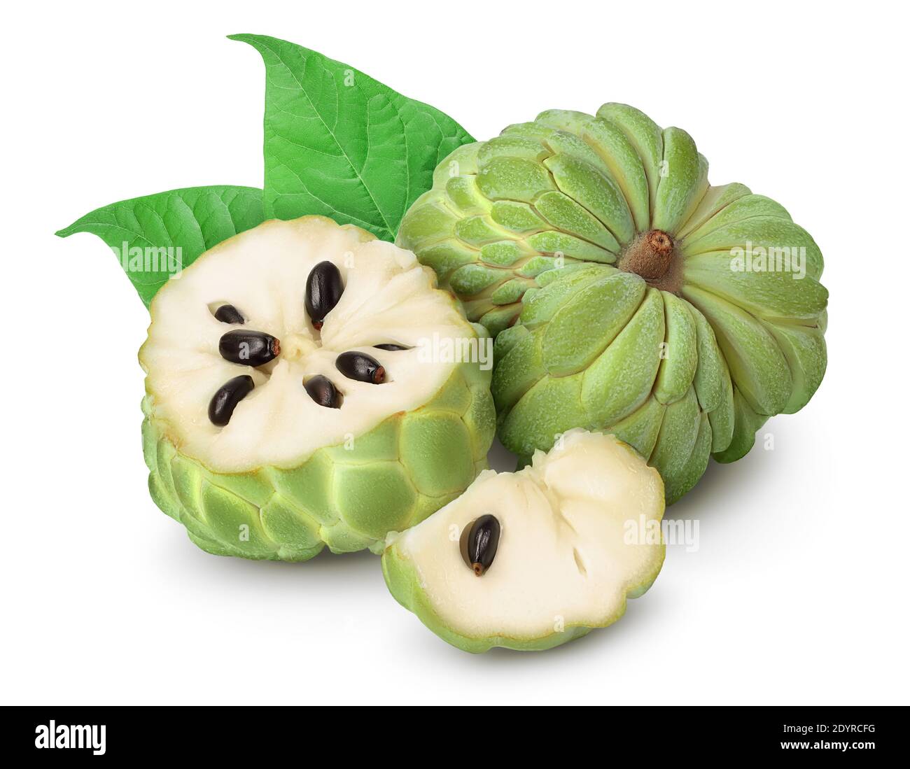 Zucker Apfel oder Pudding Apfel isoliert auf weißem Hintergrund mit Clipping Pfad und volle Tiefe des Feldes. Exotische tropische Thai annona oder Cherimoya Frucht Stockfoto