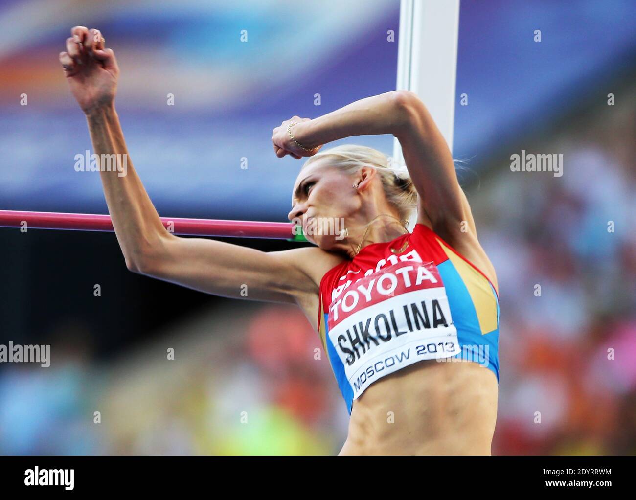 Die Russin Svetlana Shkolina tritt am 17. August 2013 im Hochsprung-Finale der Frauen bei den IAAF-Weltmeisterschaften 2013 im Luschniki-Stadion in Moskau an. Foto von Giuliano Bevilacqua/ABACAPRESS.COM Stockfoto