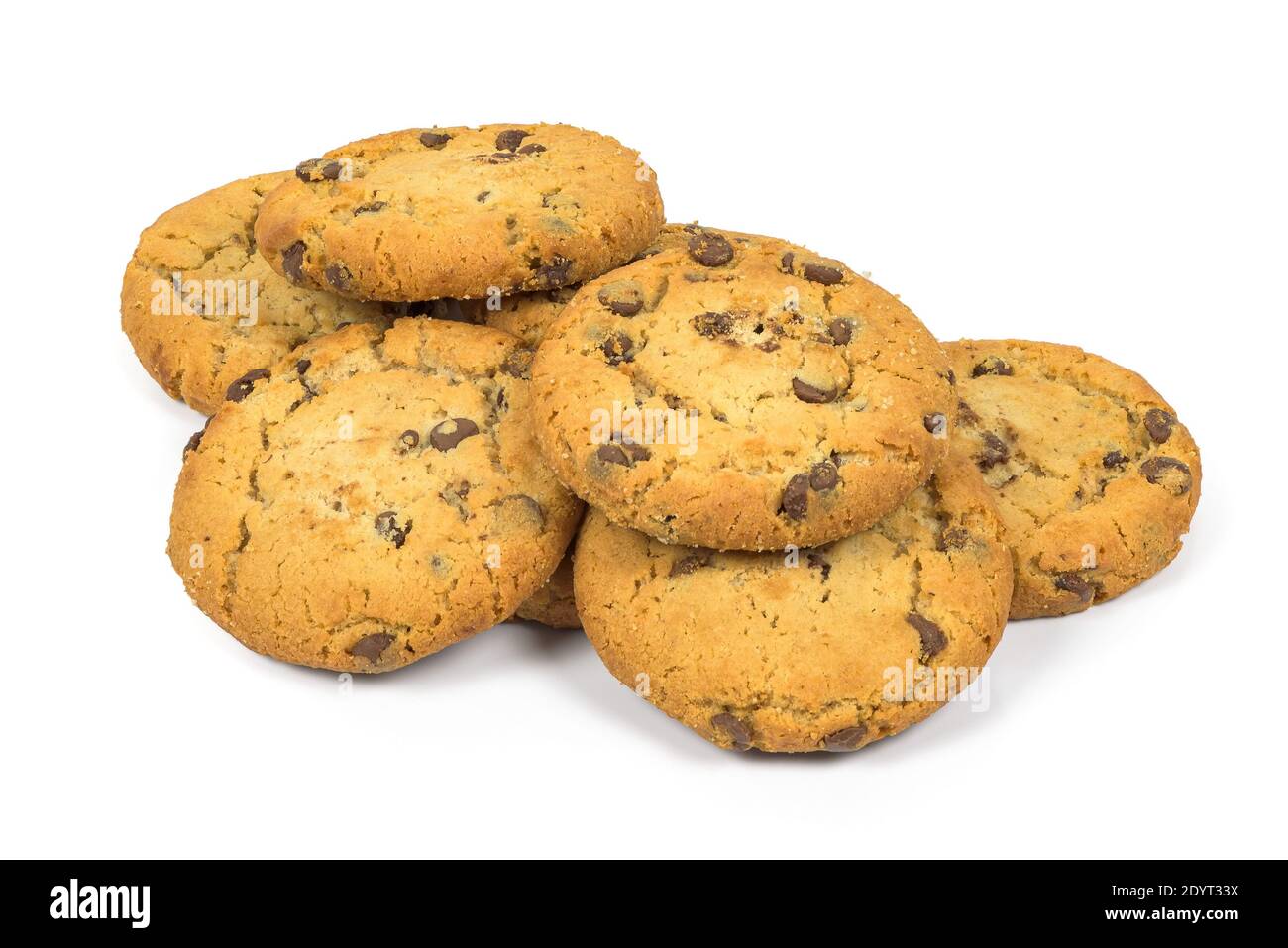 Schokoladen-Chips-Plätzchen isoliert auf weißem Hintergrund mit Clipping-Pfad Stockfoto