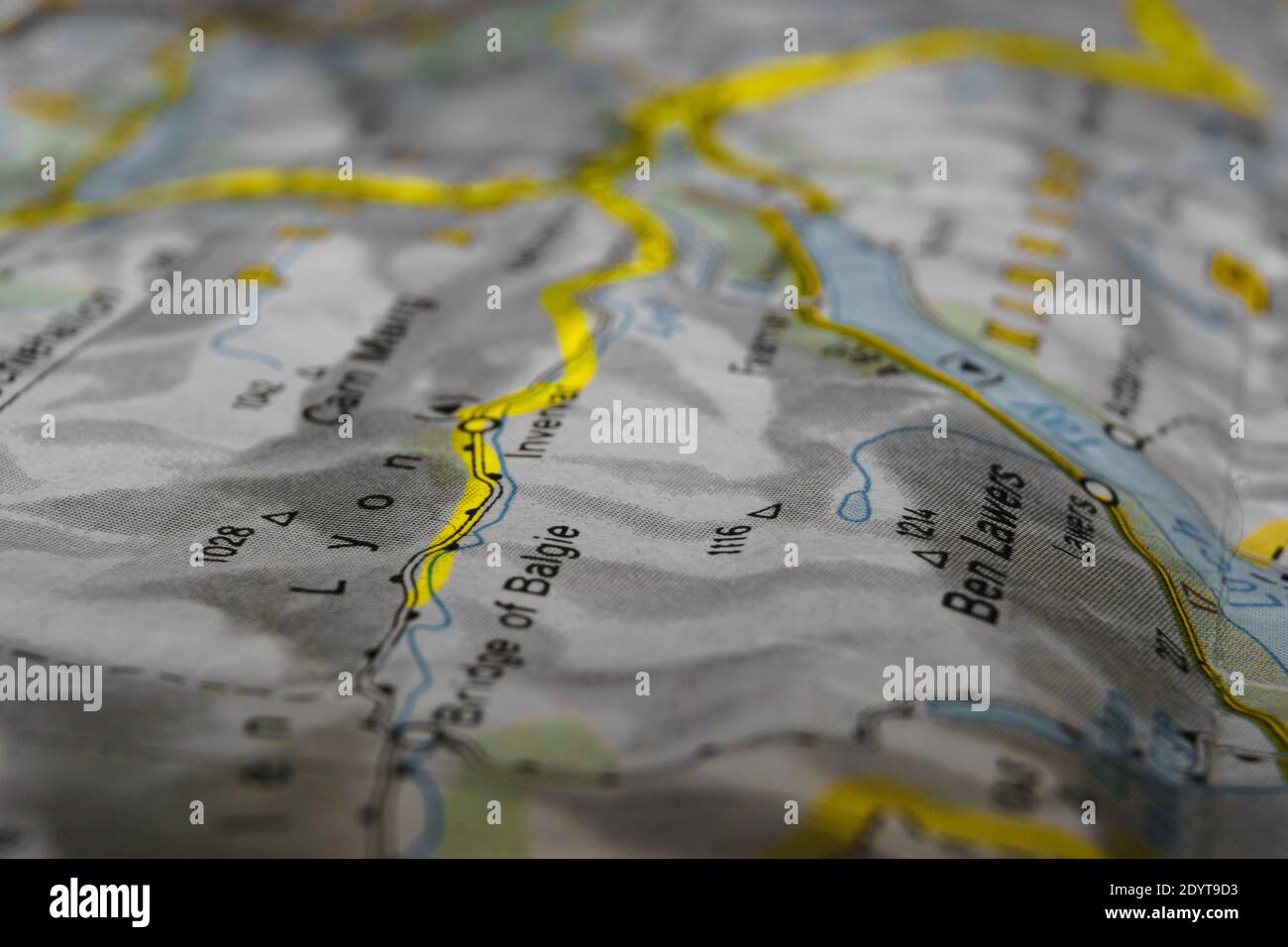 Detail einer mit Text markierten Straßenkarte von schottland Markierungsgebiet Glenlyon Stockfoto
