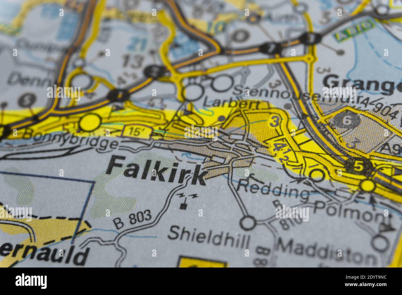 Detail einer mit Text markierten Straßenkarte von schottland Markierungsgebiet Falkirk Stockfoto