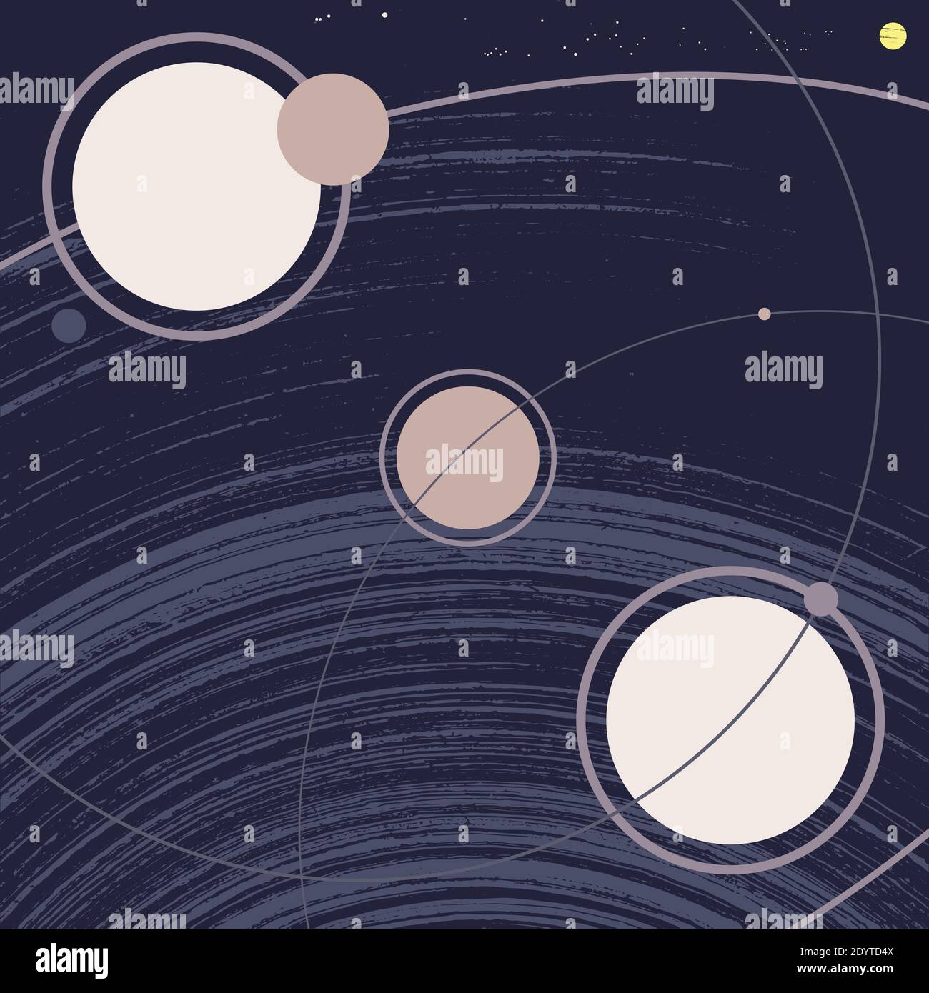 Weltraumgalaxie mit Planeten, Umlaufbahnen, Satelliten, Monden, Sonne und Sternen. Retro-Stil Grunge Vektor-Illustration. Klassisches, minimalistisches Poster Stock Vektor