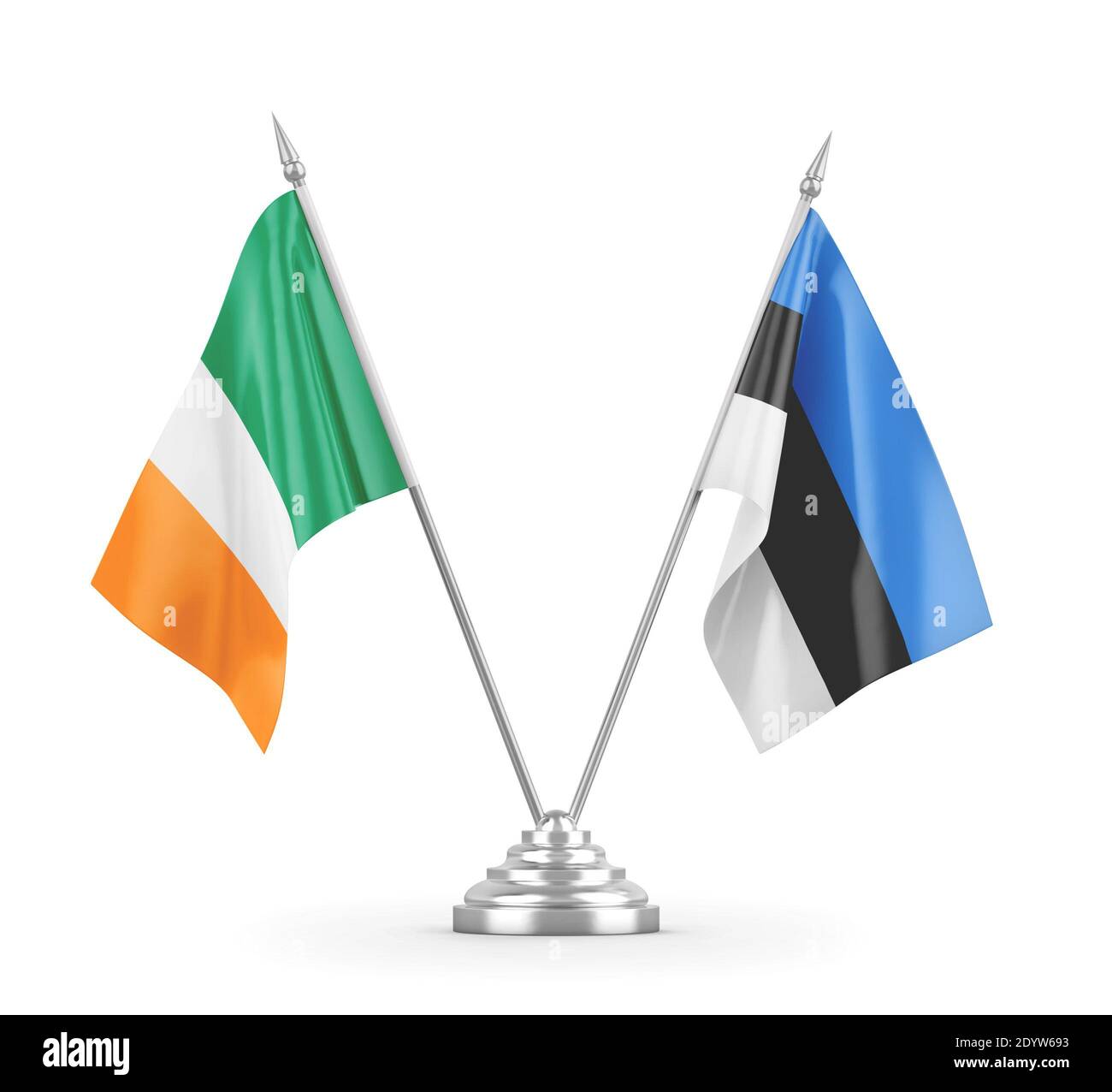 Estland und Irland Tischflaggen isoliert auf weißem 3D-Rendering Stockfoto