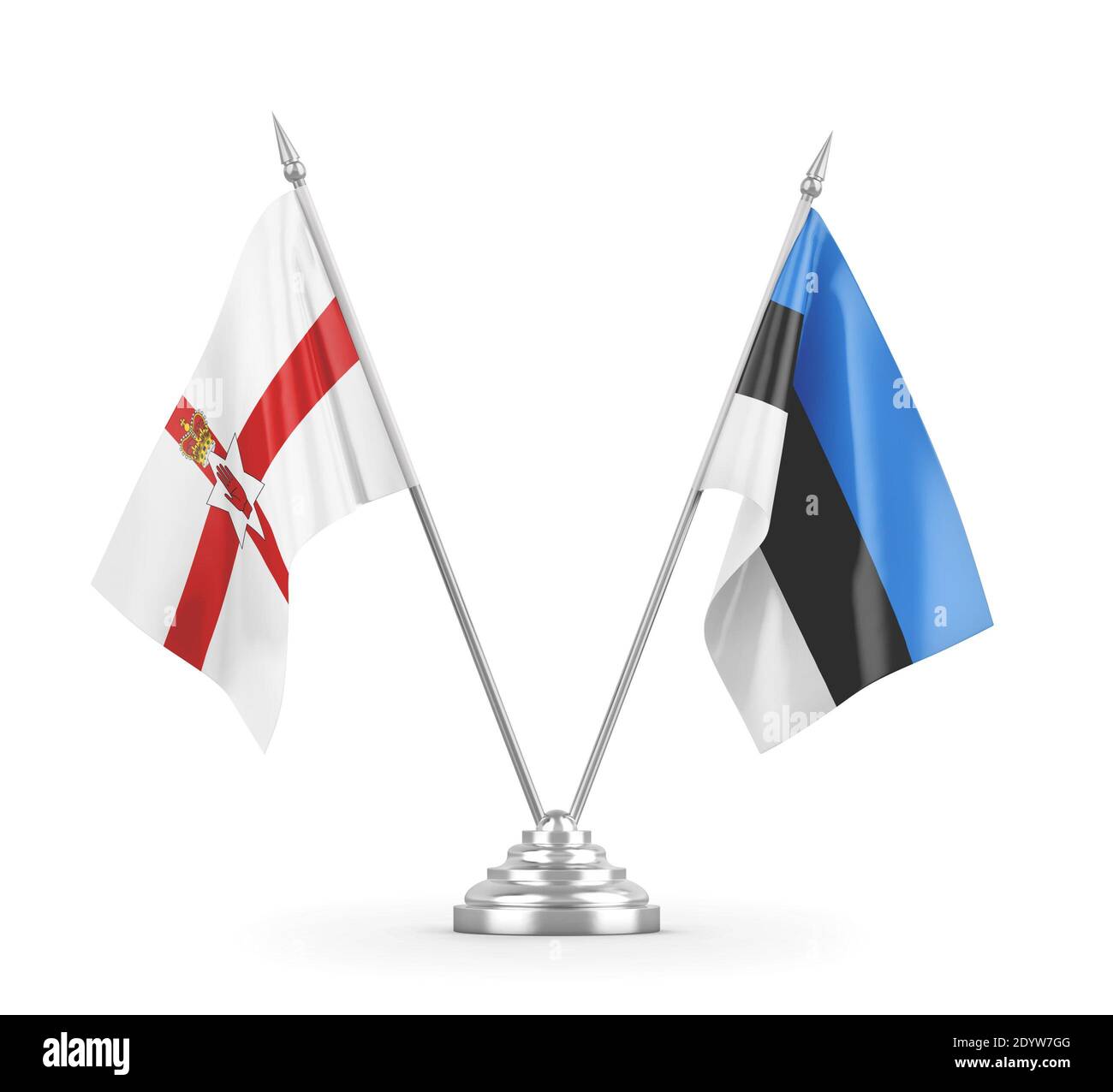 Estland und Nordirland Tischflaggen isoliert auf weißem 3D Rendering Stockfoto