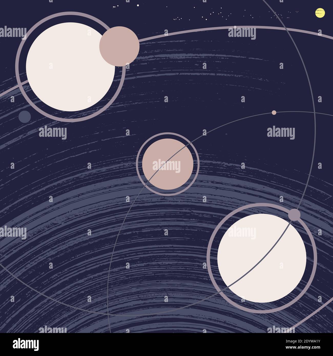 Weltraumgalaxie mit Planeten, Umlaufbahnen, Satelliten, Monden, Sonne und Sternen. Retro-Stil Grunge Vektor-Illustration. Klassisches, minimalistisches Poster Stockfoto