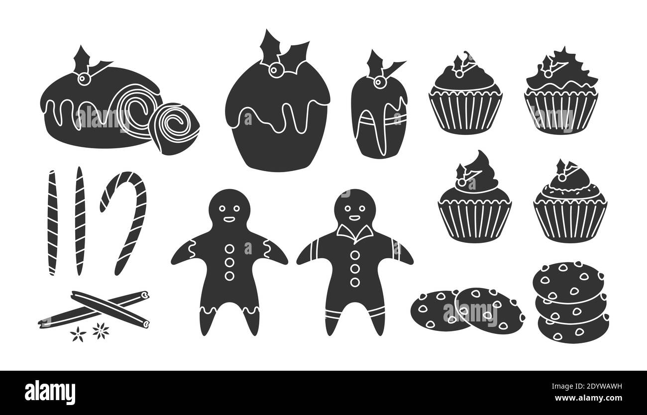 Weihnachten Süßigkeiten Lebensmittel Glyphe Set. Winterdessert. Traditionelle Leckerbissen Pudding, Cupcake, Lebkuchenmann. Gebäck als Symbol Neujahr. Leckerer Festessen. Isoliert auf weißer Vektorgrafik. Stock Vektor
