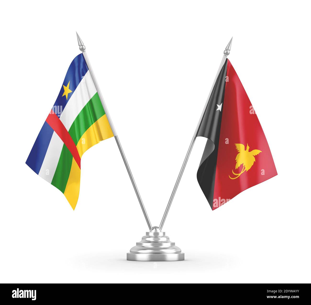 Papua-Neuguinea und Zentralafrikanische Republik Tischflaggen isoliert Auf Weiß Stockfoto
