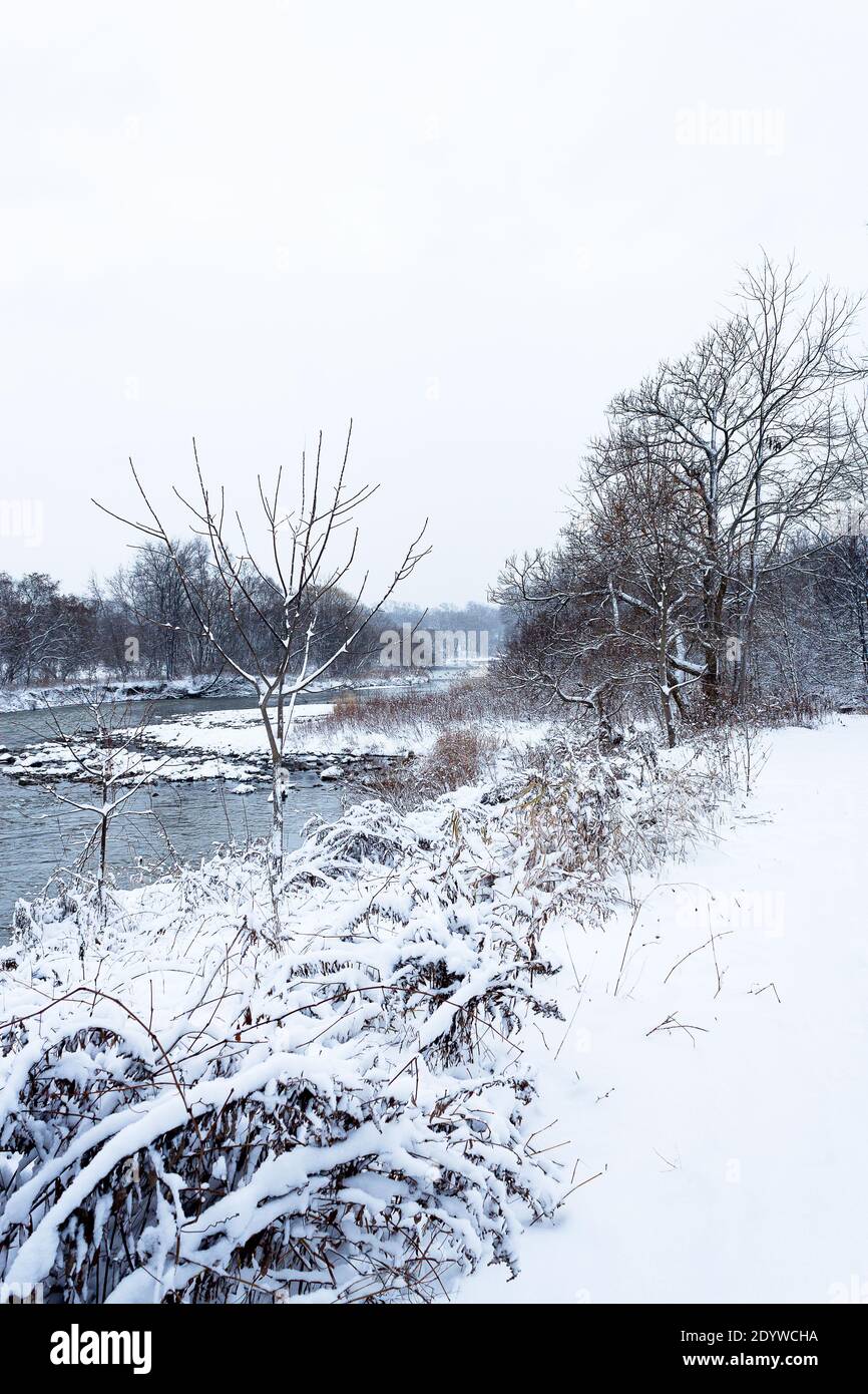Blick auf den Schnee am Tag den Fluss hinunter Stockfoto