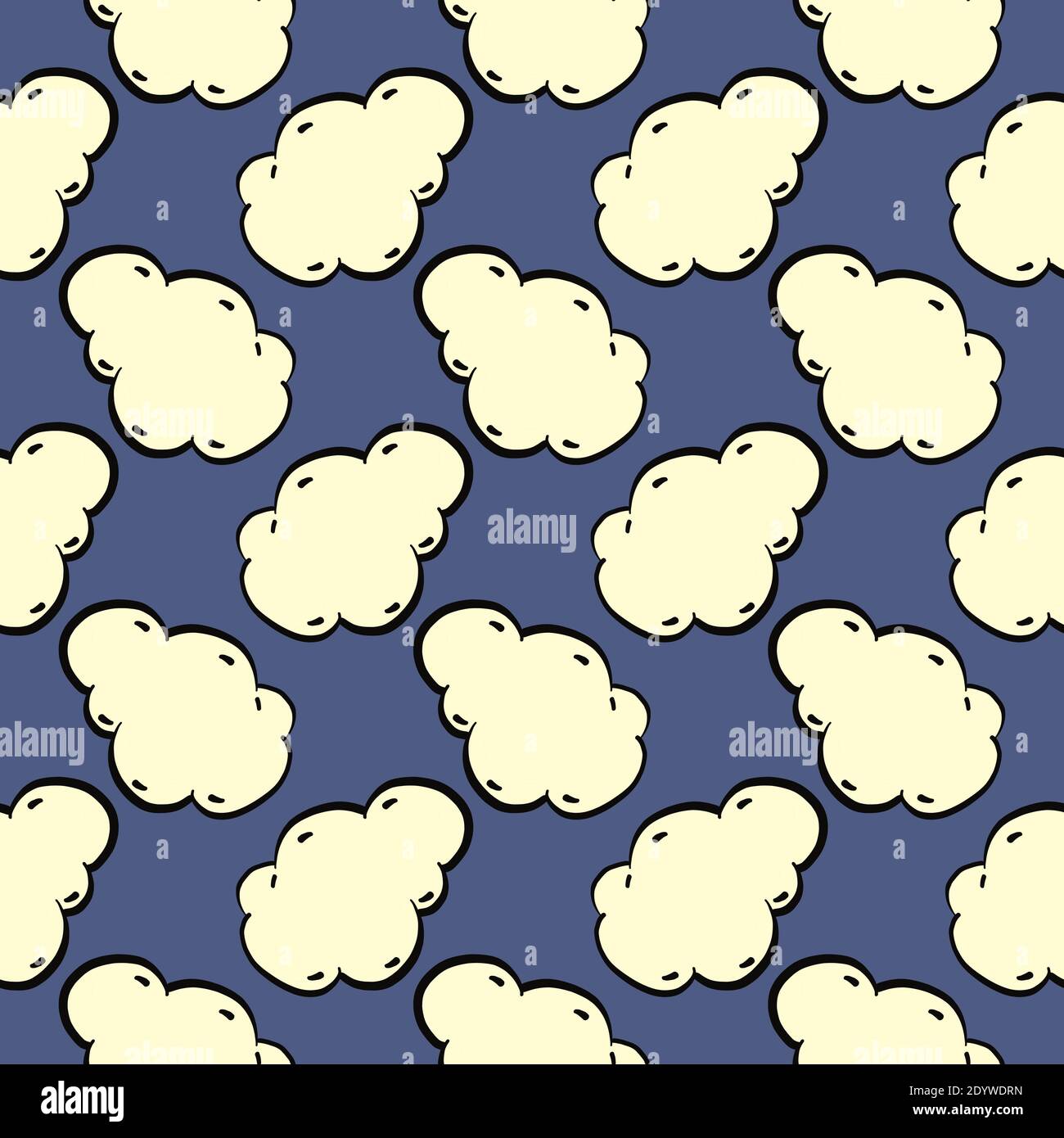 Weiße Wolken, nahtloses Muster auf dunkelviolettem Hintergrund. Stock Vektor