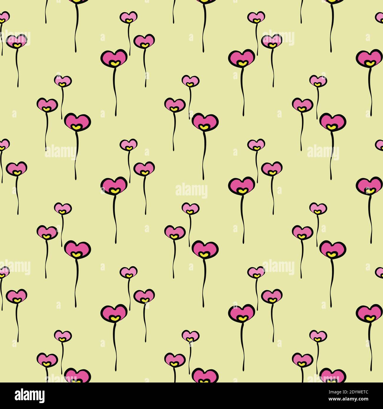 Einfache rosa Blumen, nahtlose Muster auf gelbem Hintergrund. Stock Vektor