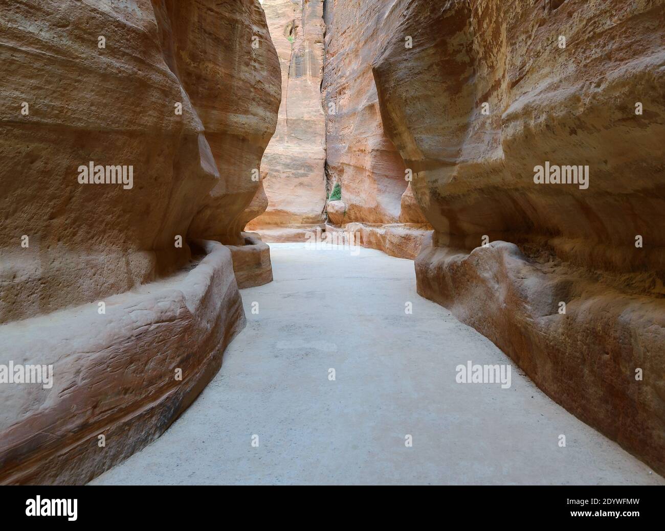 Petra Zufahrtsroute bekannt als Siq mit Wasserkanälen für die Wasserversorgung der Nabatäer. Antiker Haupteingang von Petra in Jordanien, mit nabateischen Wasserpfeifen. Stockfoto