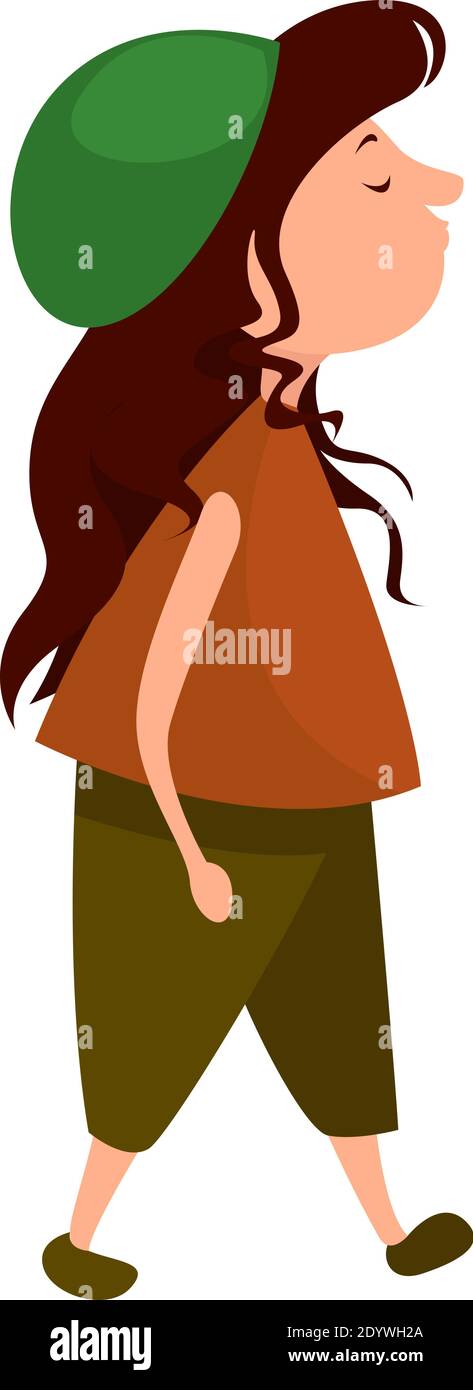 Mädchen mit grünen Hosen und Hut, Illustration, Vektor auf weißem Hintergrund. Stock Vektor