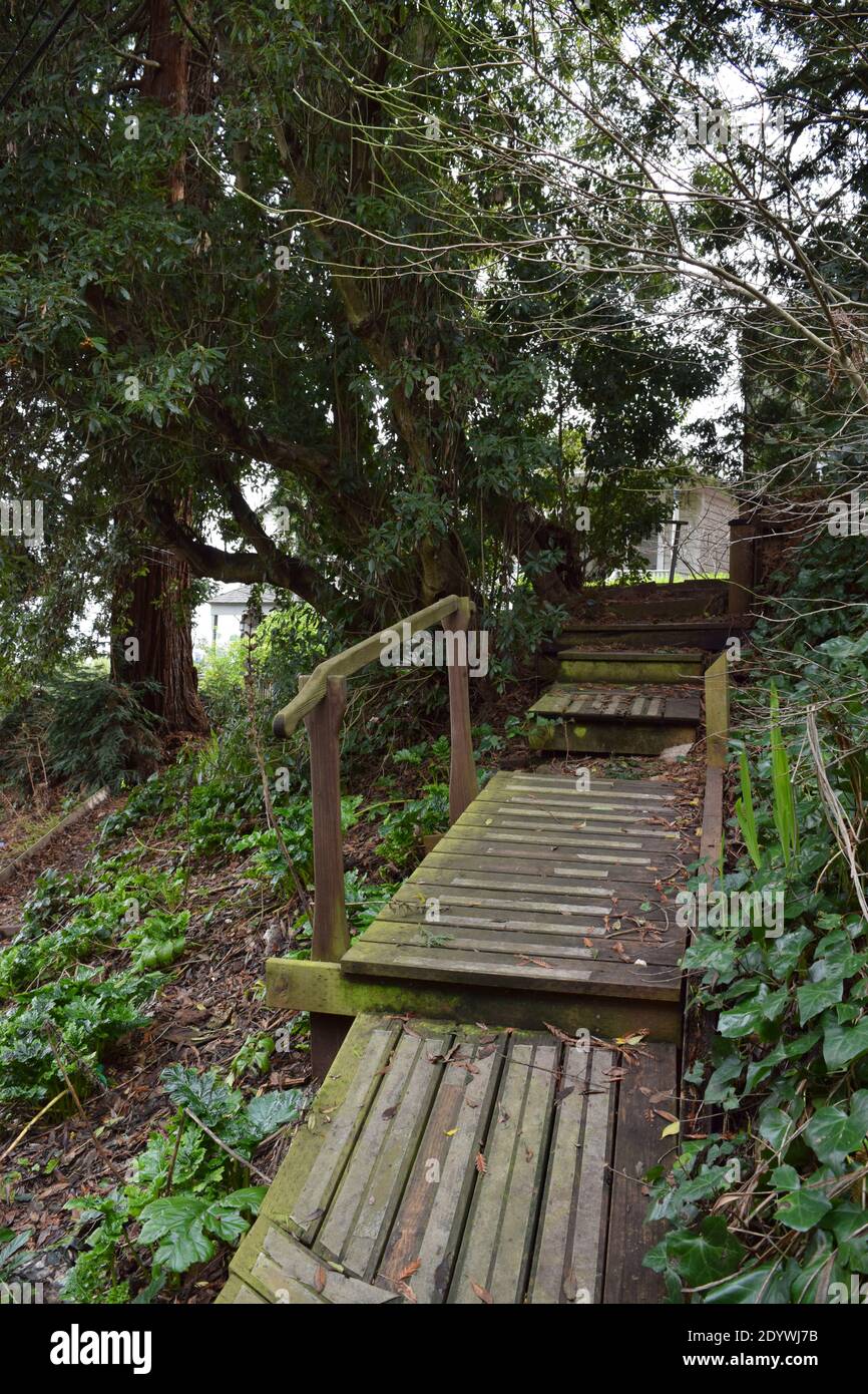 Holzsteg verbindet die Vulcan Treppe zu einer privaten Residenz. Stockfoto