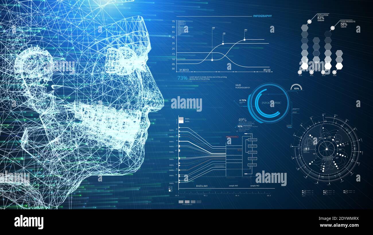 3D-Illustration Drahtmodell menschlichen KI-System und Infografik-Informationsscanner HUD-Schnittstelle auf blauem Hintergrund. Business VR-Technologie und Medizin. Di Stockfoto