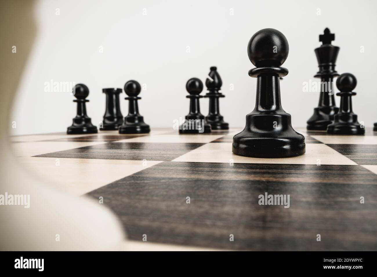 Macro photo of chess pieces on a chess board Stockfoto