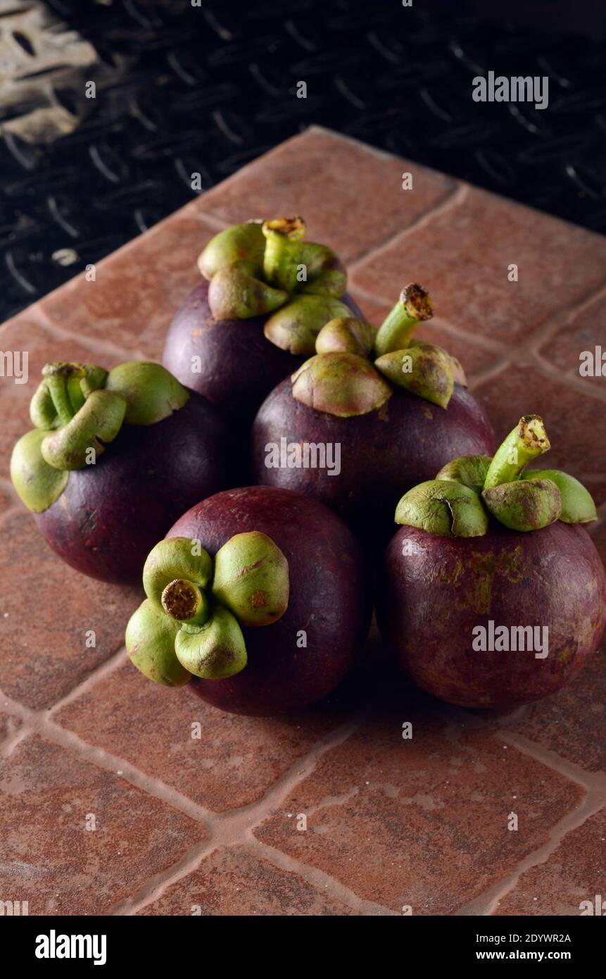 Mangostan, Manggis, Garcinia Mangostan ist eine tropische, essbare Frucht aus Südostasien. Sie sind süß, würzig und saftig. Stockfoto