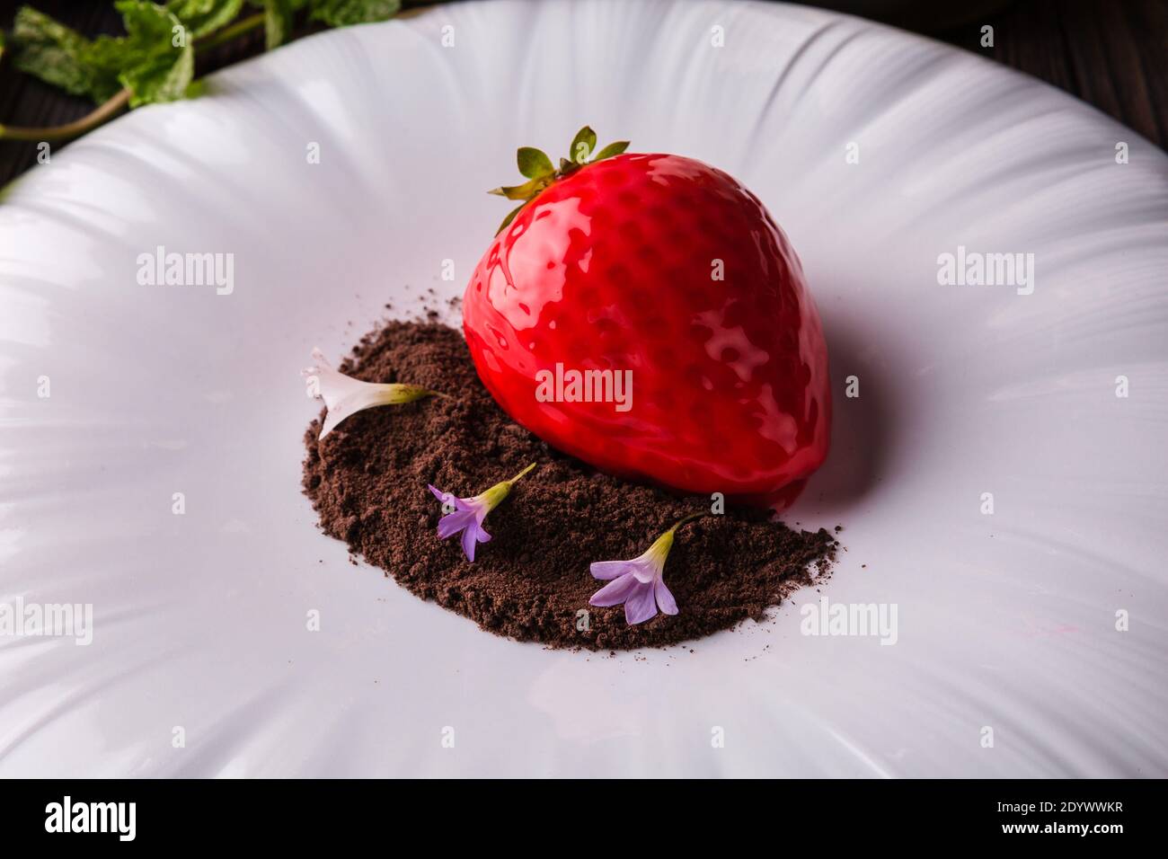 Rote Erdbeere Dessertkuchen mit Schokoladenstückchen und Veilchen auf einem großen weißen Teller. Stockfoto