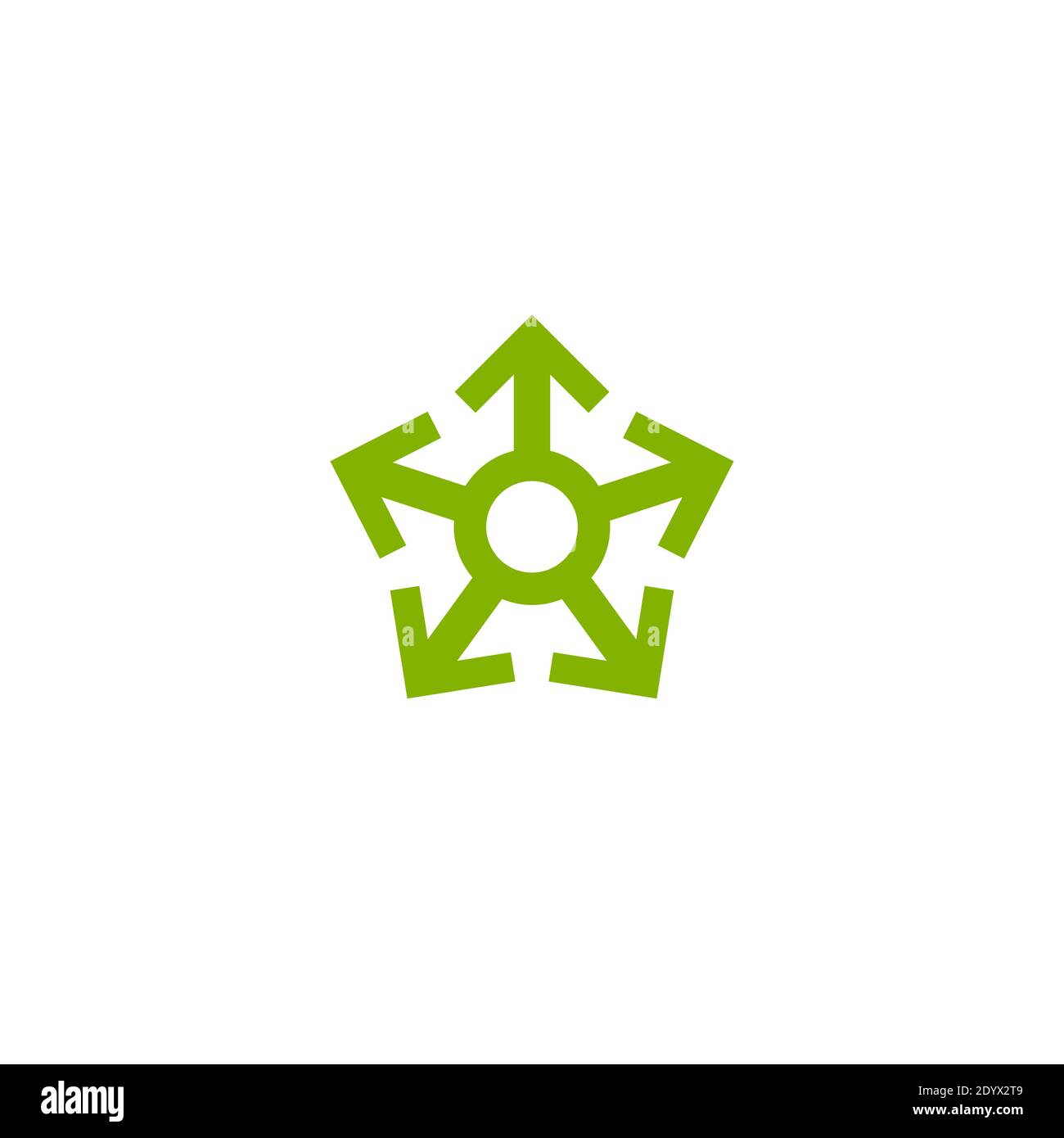 Fünf grüne Pfeile zeigen aus der Mitte. Symbol „Pfeile einblenden“. Symbol für Ausfahrtsrichtungen. Vektorgrafik. Isoliert auf Weiß. Stock Vektor