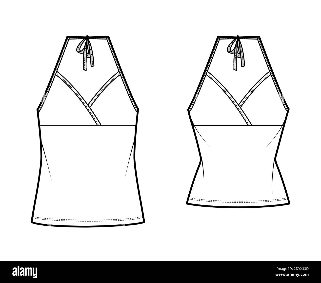 Set von Camisoles Halfter Hals Surplice Tanks technische Mode Illustration mit Empire-Naht, Schleife, schlank, übergroße Passform, Tunika Länge. Flattop Schablone vorne, weiß. Frauen Männer CAD Mockup Stock Vektor