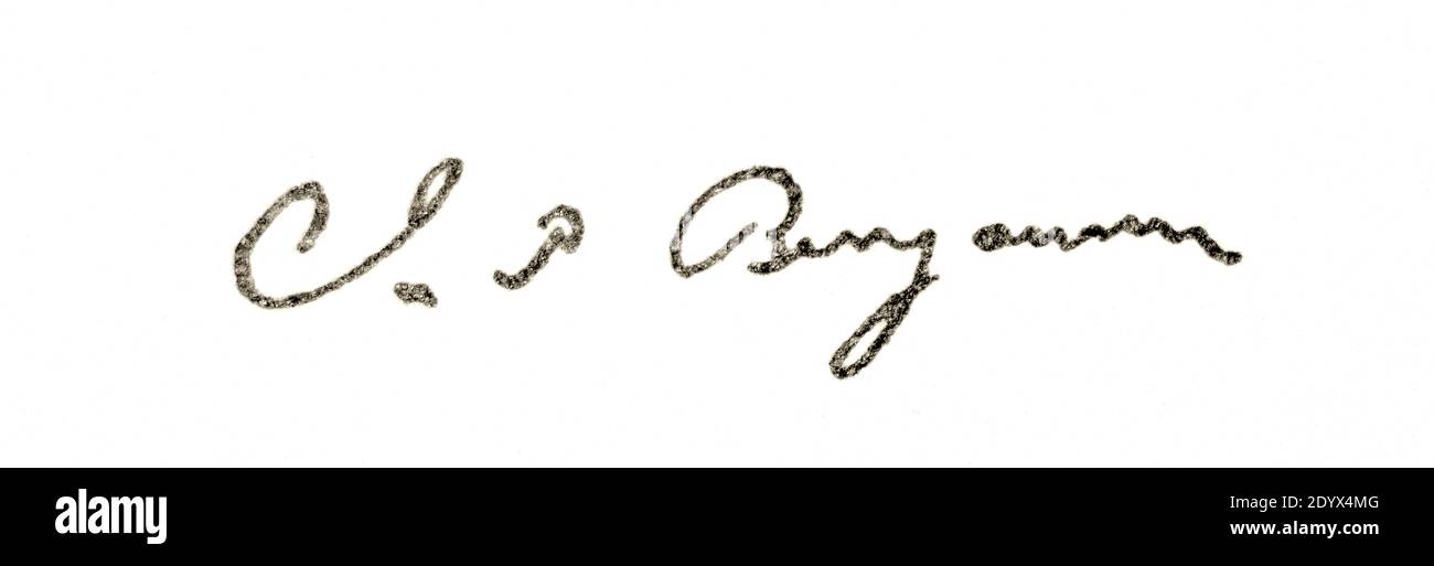 Unterschrift von Juda Philipp Benjamin. Judah Philip Benjamin, QC (6. August 1811 – 6. Mai 1884) war ein Rechtsanwalt und Politiker, ein US-Senator aus Louisiana, ein Kabinettsbeamter der Konföderierten Staaten und, nach seiner Flucht in das Vereinigte Königreich am Ende des amerikanischen Bürgerkriegs, ein englischer Rechtsanwalt. Benjamin war der erste Jude, der eine Kabinettsstellung in Nordamerika innehat und der erste, der in den Senat der Vereinigten Staaten gewählt wurde, der seinen Glauben nicht aufgegeben hatte. Stockfoto