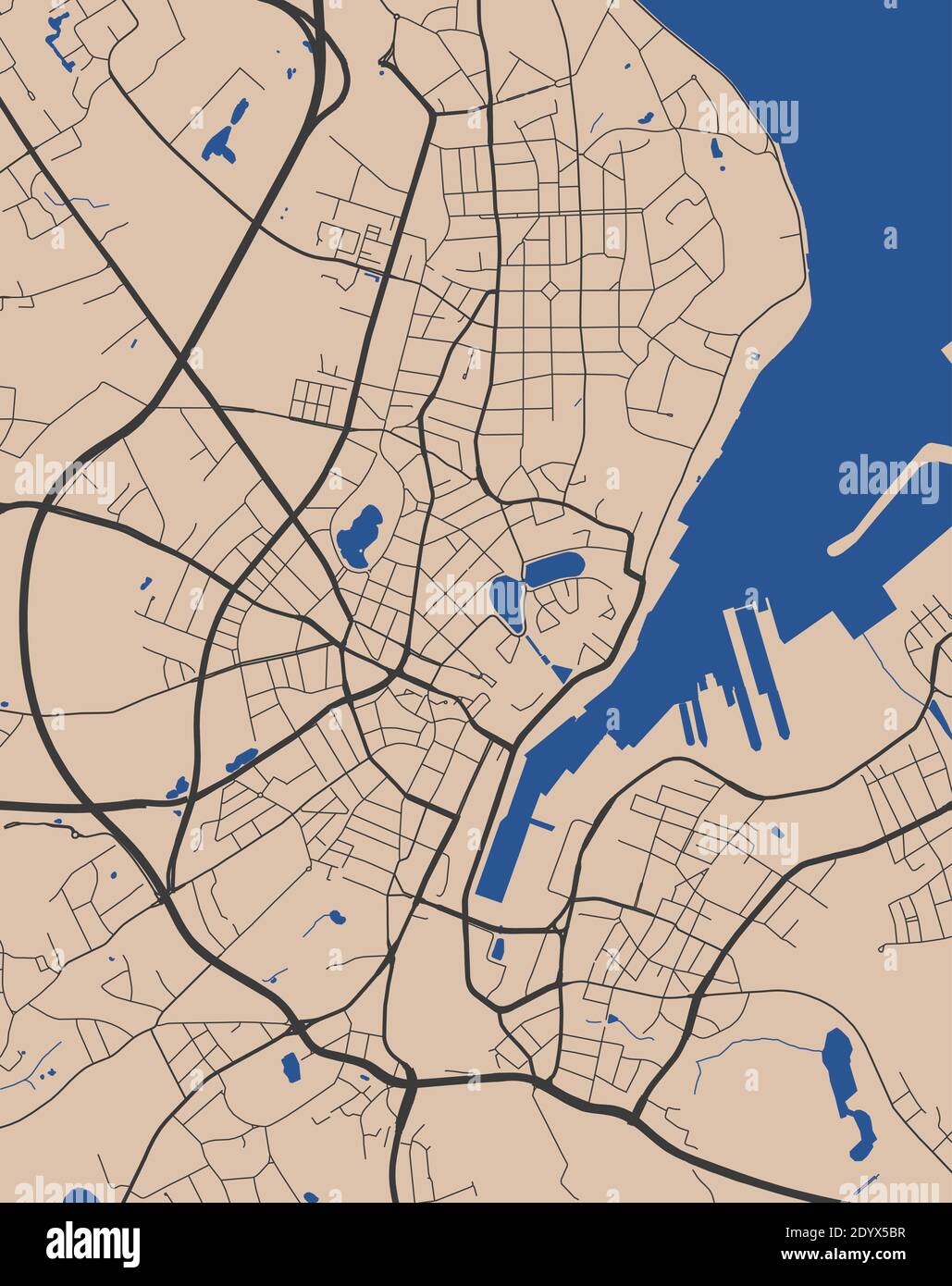 Detaillierte Karte des Kieler Stadtverwaltungsgebietes. Lizenzfreie Vektorgrafik. Stadtbild-Panorama. Dekorative Grafik Touristenkarte des Kieler Territoriums. Stock Vektor