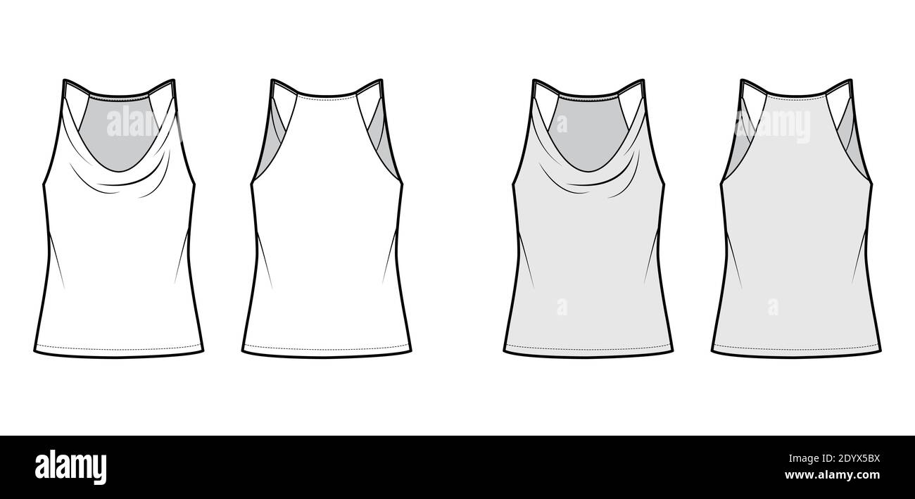 Tank Low Cowl Crop Camisole technische Mode-Illustration mit dünnen verstellbaren Trägern, übergroß, Taillenlänge. Flach nach außen oben Schablone vorne, hinten, weiß, grau. Frauen Männer Unisex CAD mockup Stock Vektor