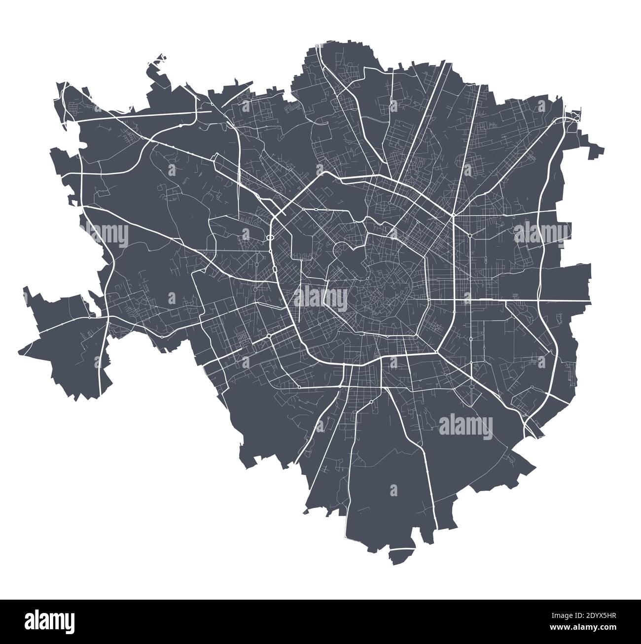 Stadtplan von Mailand. Detaillierte Vektorkarte von Mailand Stadtverwaltung. Dunkles Plakat mit Straßen auf weißem Hintergrund. Stock Vektor