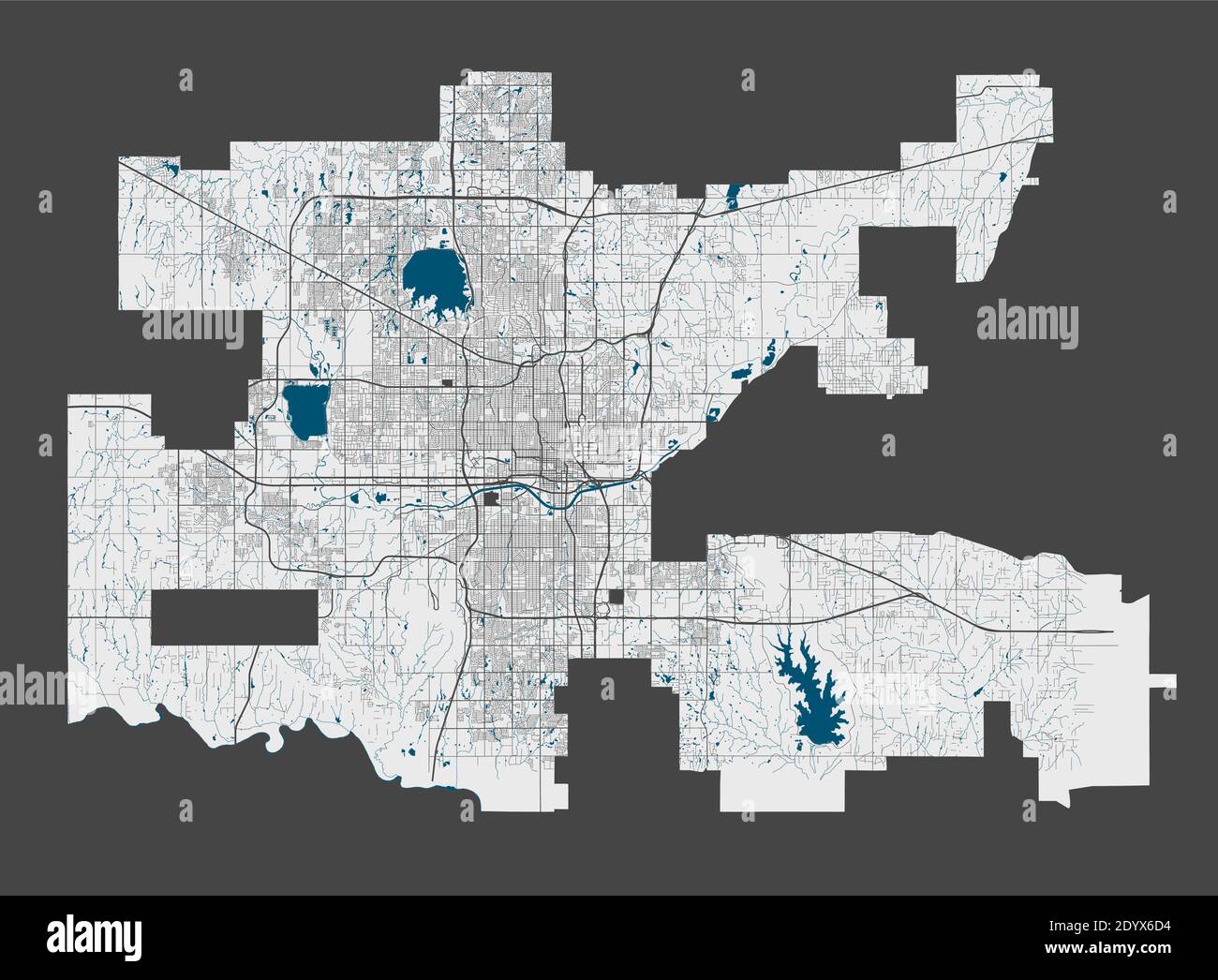 Stadtplan von Oklahoma. Detaillierte Karte von Oklahoma Stadt Verwaltungsgebiet. Stadtbild-Panorama. Lizenzfreie Vektorgrafik. Karte mit hoch umreißen Stock Vektor