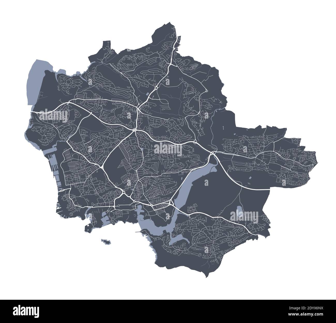 Plymouth-Karte. Detaillierte Vektorkarte von Plymouth Stadt Verwaltungsgebiet. Stadtbild Poster Metropolregion Arie Ansicht. Dunkles Land mit weißen Straßen, Straßen A Stock Vektor