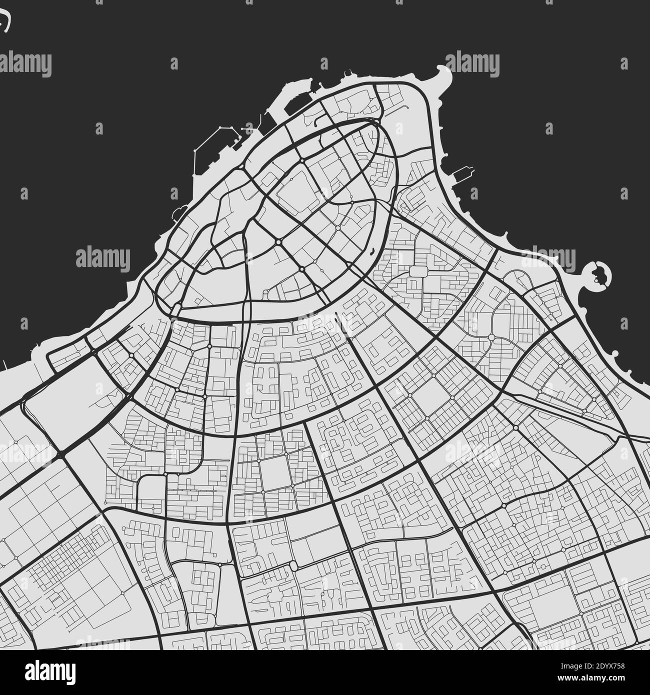 Stadtkarte von Kuwait. Vektor-Illustration, Kuwait Karte Graustufen Kunstposter. Straßenkarte mit Straßen, Ansicht der Metropolregion. Stock Vektor