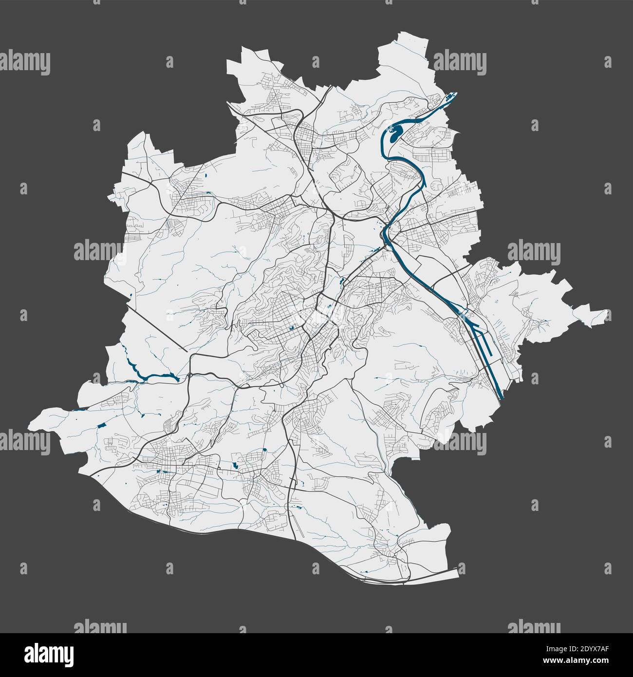 Stuttgart-Karte. Detaillierte Vektorkarte von Stuttgart Stadtverwaltung. Plakat mit Straßen und Wasser auf grauem Hintergrund. Stock Vektor