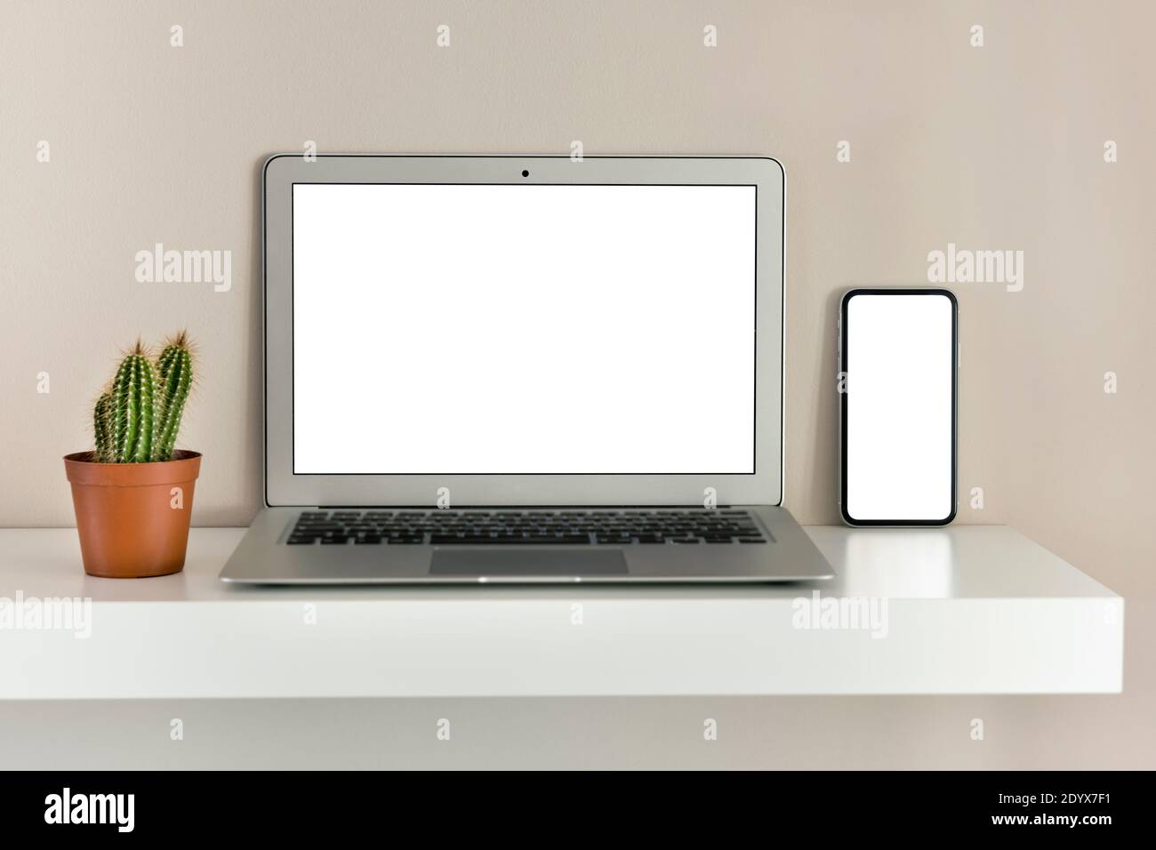 Silber Laptop-Computer und Handy mit leerem Bildschirm sitzt auf dem Regal neben Kaktus, beide nach Kamera mit weißen Displays für Kopieplatz c Stockfoto