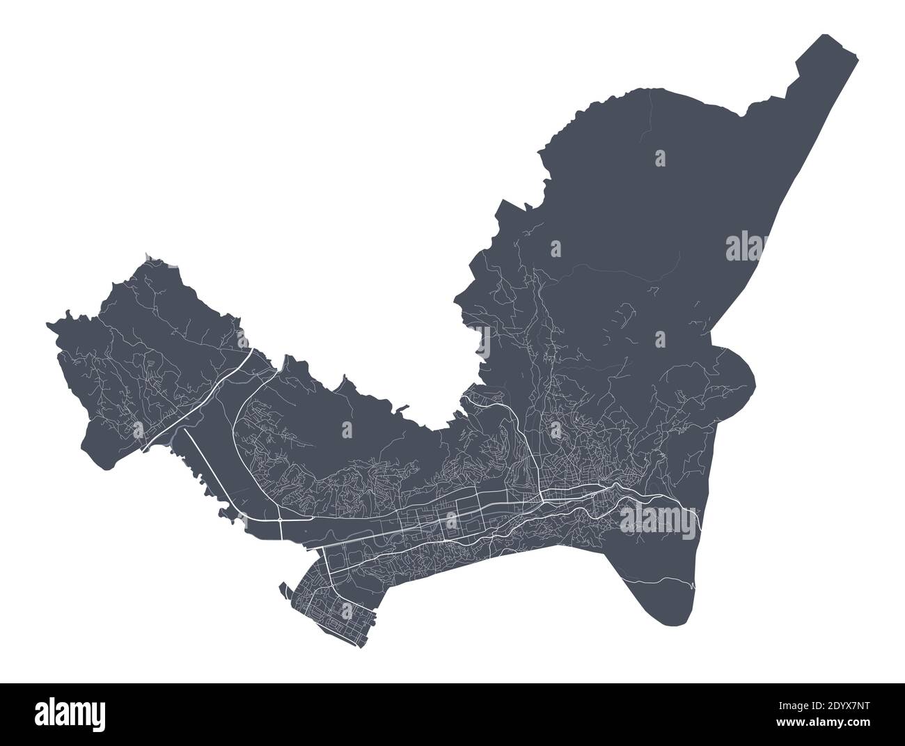 Sarajevo-Karte. Detaillierte Vektorkarte von Sarajevo Stadt Verwaltungsgebiet. Stadtbild Poster Metropolregion Arie Ansicht. Dunkles Land mit weißen Straßen, Straßen A Stock Vektor