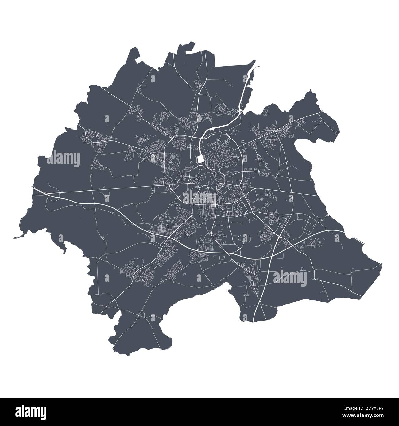 Odense-Karte. Detaillierte Vektorkarte von Odense Stadt Verwaltungsgebiet. Dunkles Plakat mit Straßen auf weißem Hintergrund. Stock Vektor