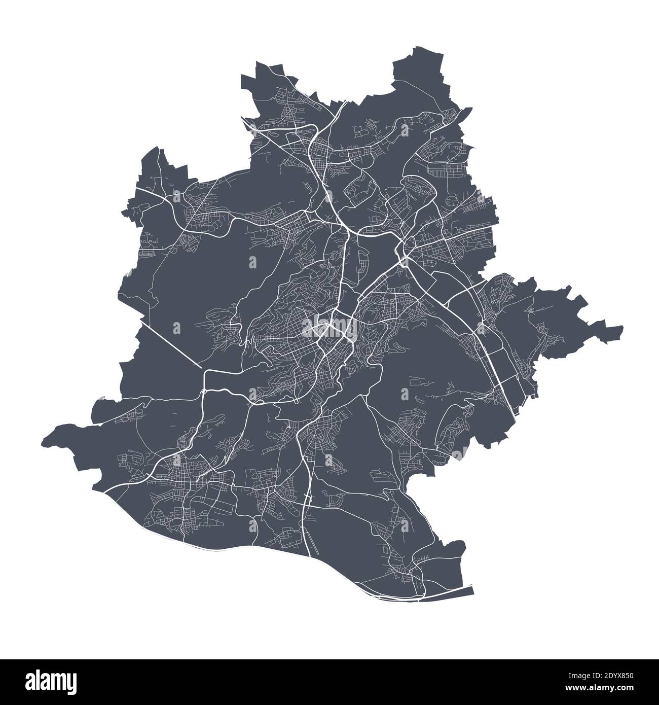 Stuttgart-Karte. Detaillierte Vektorkarte von Stuttgart Stadtverwaltung. Dunkles Plakat mit Straßen auf weißem Hintergrund. Stock Vektor