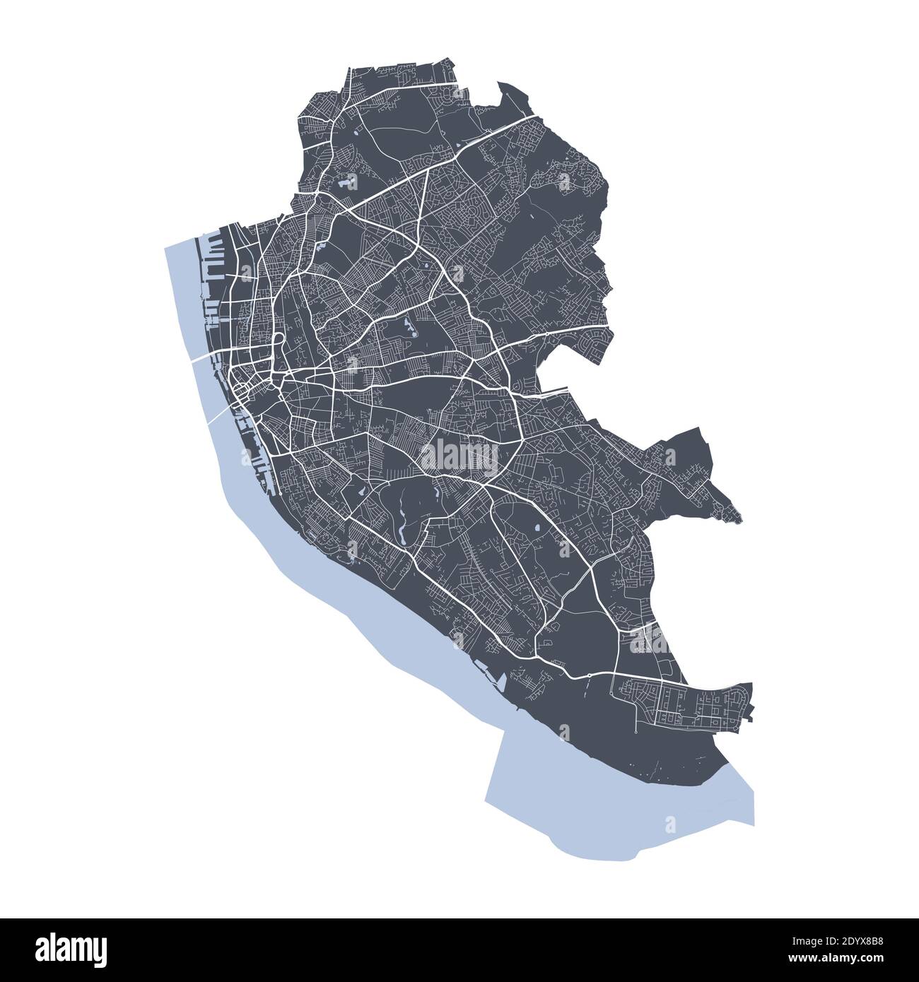 Liverpool-Karte. Detaillierte Vektorkarte des Verwaltungsgebiets der Stadt Liverpool. Stadtbild Poster Metropolregion Arie Ansicht. Dunkles Land mit weißen Straßen, Straßen Stock Vektor