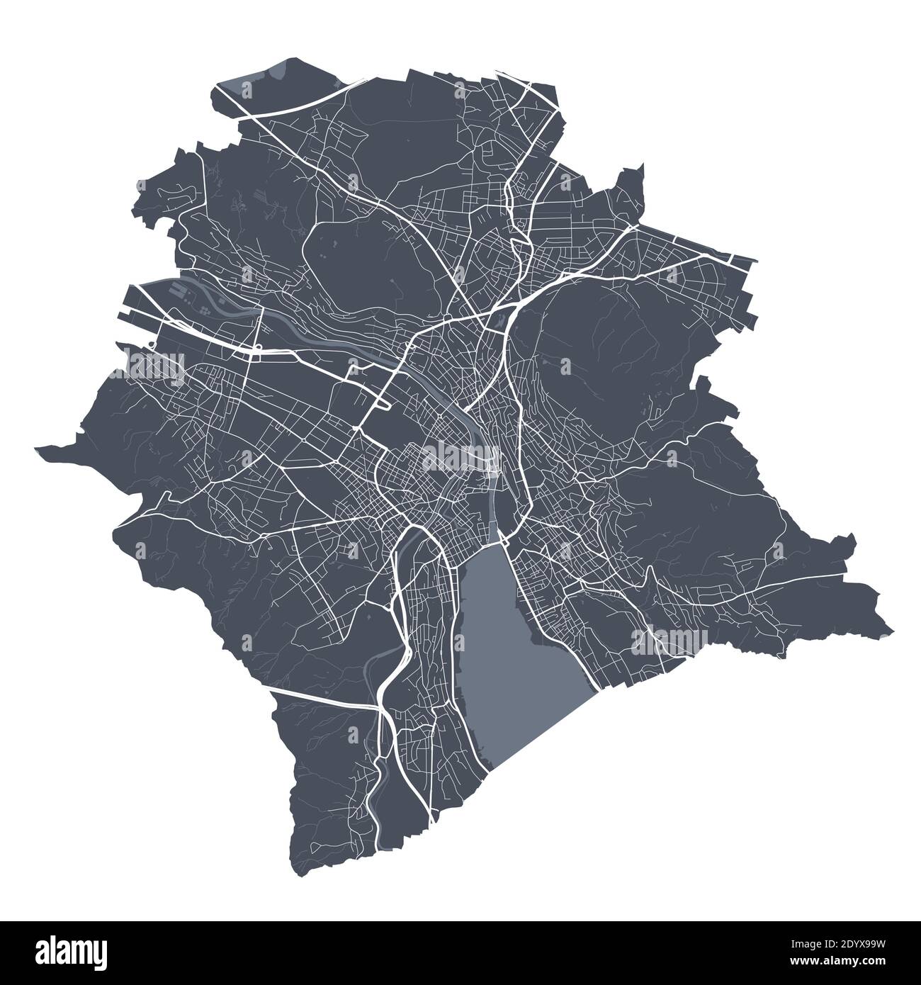 Karte Zürich. Detaillierte Vektorkarte des Verwaltungsgebiets der Stadt Zürich. Dunkles Plakat mit Straßen auf weißem Hintergrund. Stock Vektor