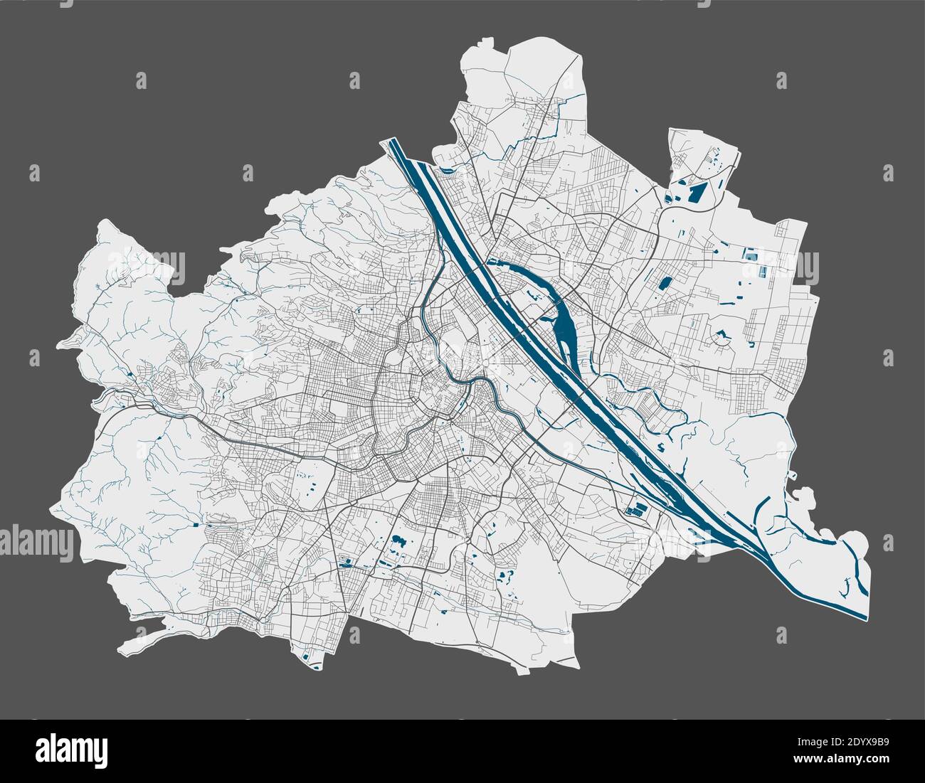 Karte Wien. Detaillierte Vektorkarte des Verwaltungsgebiets der Stadt Wien.  Plakat mit Straßen und Wasser auf grauem Hintergrund Stock-Vektorgrafik -  Alamy