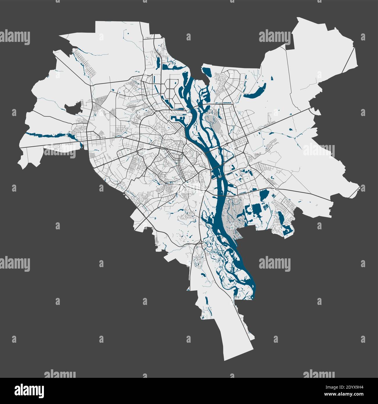 Kiewer Kiev-Karte. Detaillierte Karte von Kiew Kiew Stadt Verwaltungsgebiet. Stadtbild-Panorama. Lizenzfreie Vektorgrafik. Übersichtskarte mit Autobahnen, st Stock Vektor