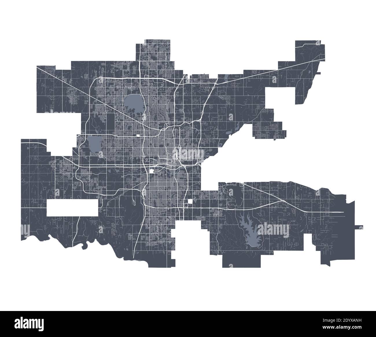 Stadtplan von Oklahoma. Detaillierte Vektorkarte von Oklahoma Stadt Verwaltungsgebiet. Stadtbild Poster Metropolregion Arie Ansicht. Dunkles Land mit weißer Straße Stock Vektor