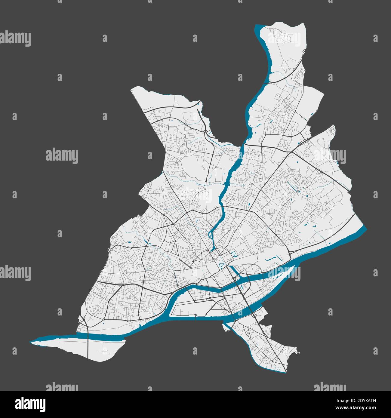 Karte von Nantes. Detaillierte Karte des Verwaltungsgebiets von Nantes. Stadtbild-Panorama. Lizenzfreie Vektorgrafik. Übersichtskarte mit Autobahnen, Straßen, Stock Vektor