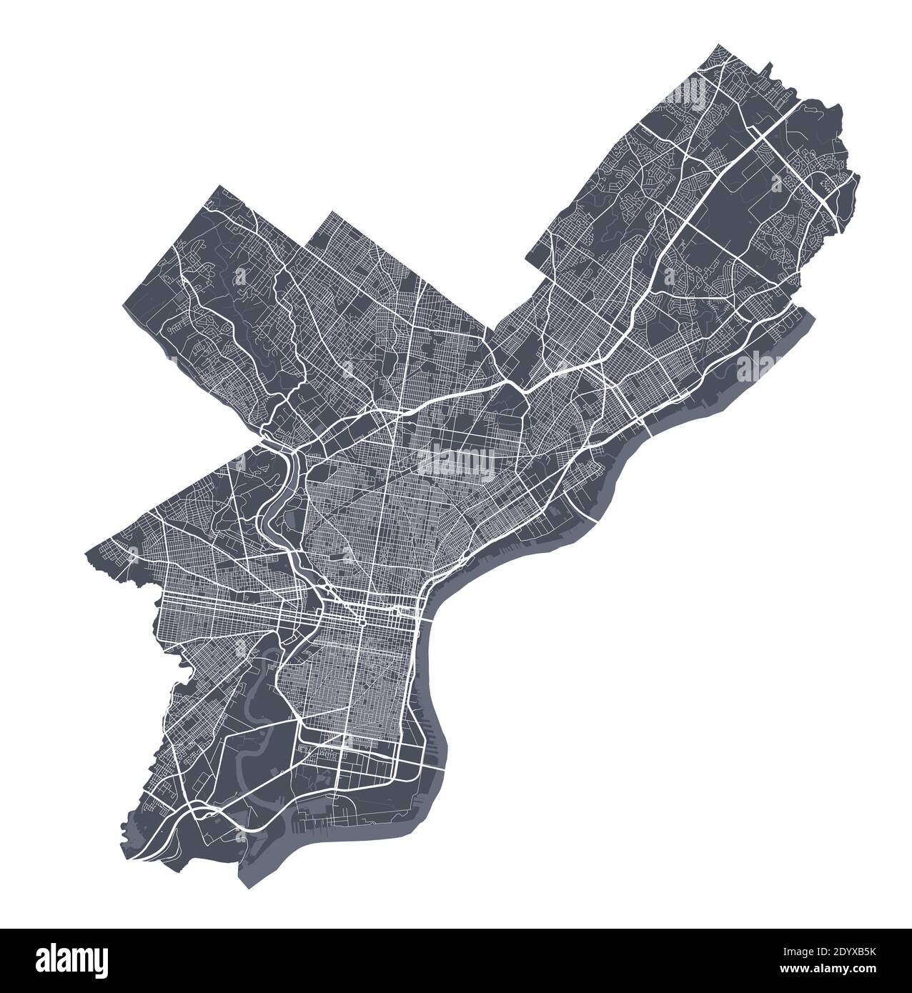 Philadelphia-Karte. Detaillierte Vektorkarte von Philadelphia Stadtverwaltung. Dunkles Plakat mit Straßen auf weißem Hintergrund. Stock Vektor