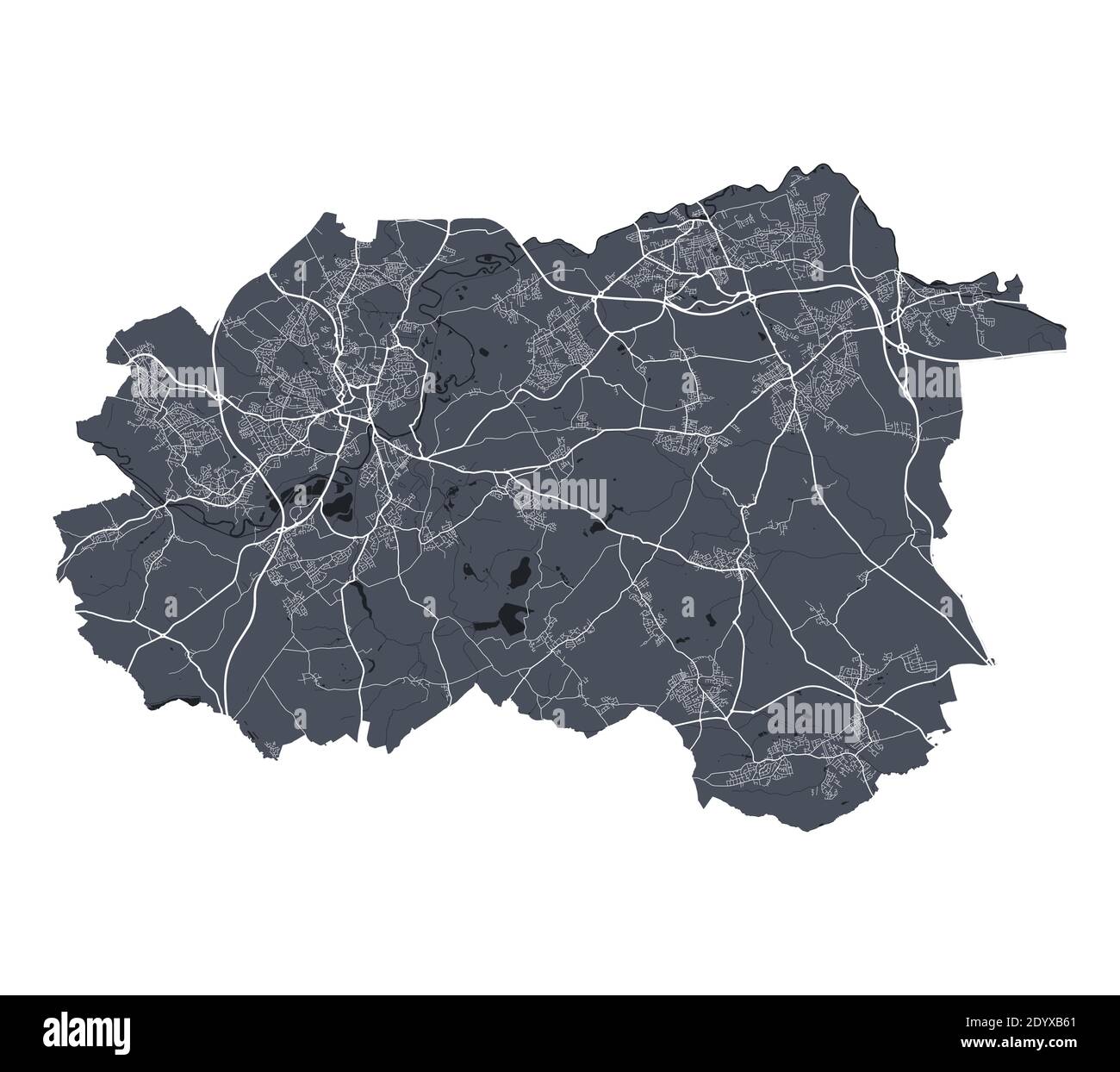 Wakefield-Karte. Detaillierte Vektorkarte von Wakefield Stadt Verwaltungsgebiet. Stadtbild Poster Metropolregion Arie Ansicht. Dunkles Land mit weißen Straßen, Straßen Stock Vektor