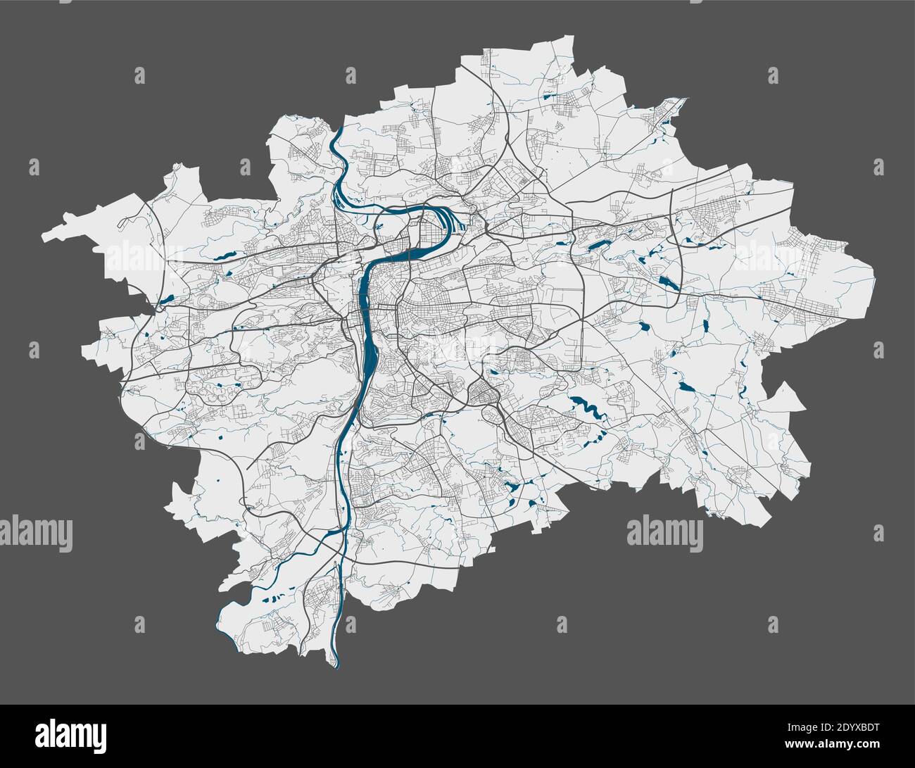 Karte Prag. Detaillierte Vektorkarte von Prag Stadt Verwaltungsgebiet. Plakat mit Straßen und Wasser auf grauem Hintergrund. Stock Vektor Karte Prag. Detaillierte Vektorkarte von Prag Stadt Verwaltungsgebiet. Plakat mit Straßen und Wasser auf grauem Hintergrund. Stock Vektor